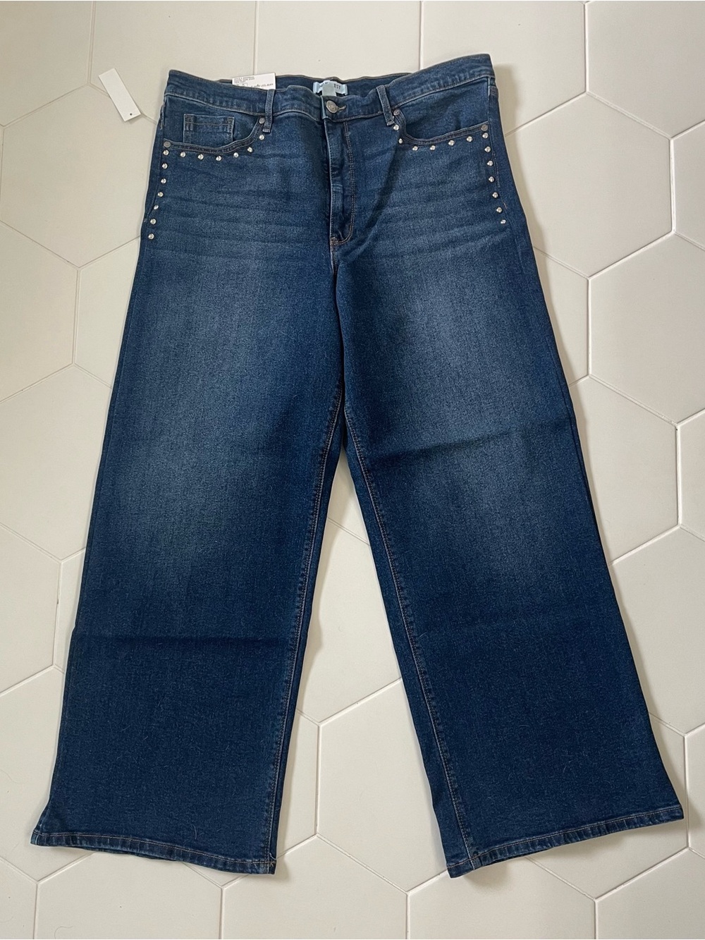 Nine West Dark Blue Wide-Leg Jeans with Stud Accents 16